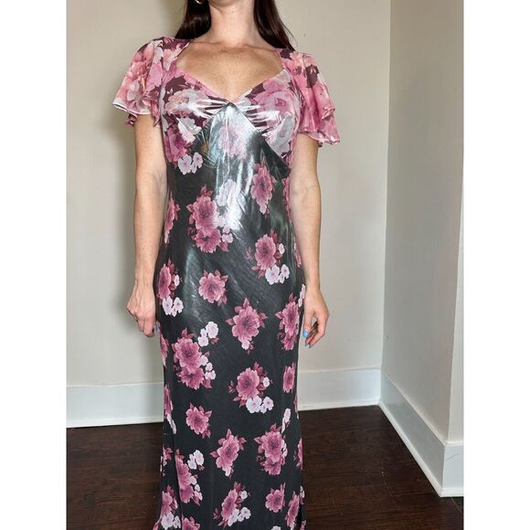 ASOS DESIGN Flutter Sleeve Tie Back Midi Tea Dress In Mixed Metallic Floral Sz 8 - Picture 5 of 7